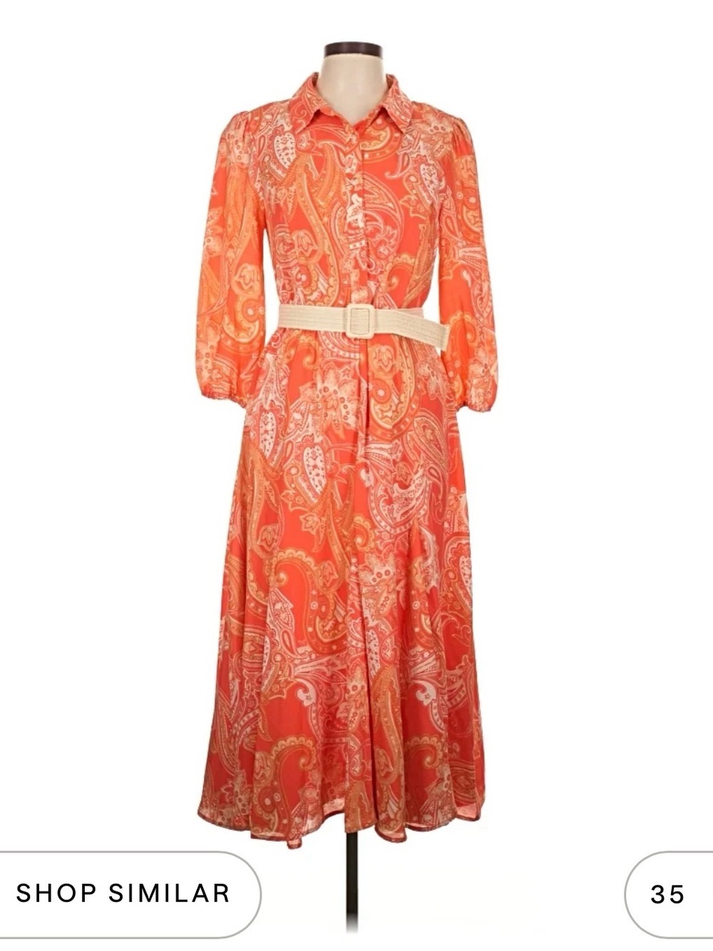 Tahari ASL Coral Paisley Long-Sleeve Shirt Dress with Belt